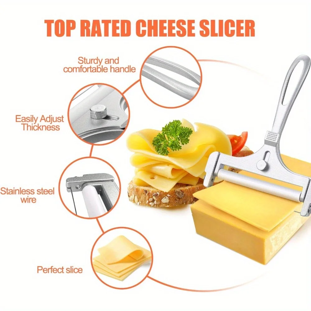 2 Pieces Stainless Steel Wire Cheese Slicer with Cheese Plane Tool, Adjustable Thickness Cheese Cutter for Soft, Semi-Hard,