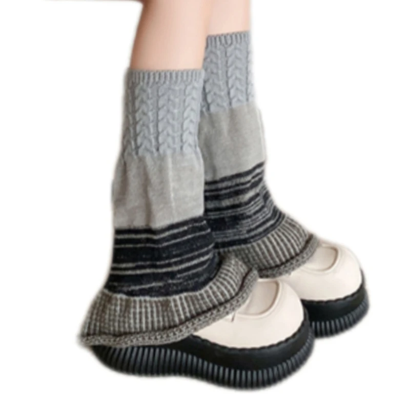 Women Fashionable Wide Leg Knitting Socks Leg Covers Contrast Color Striped Patchwork Leg Warmers Flared Boot Sleeves