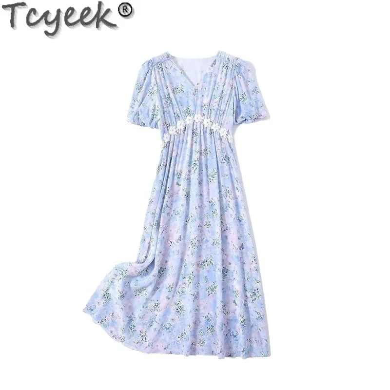 100% Tcyeek Real Mulberry Silk for Women Spring Summer Clothes Elegant and Pretty Women's Dresses High-end Floral Dress