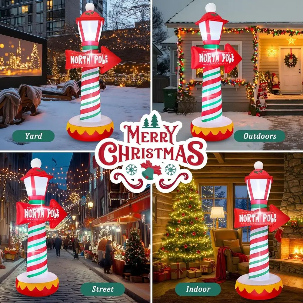 علامة القطب الشمالي سانتا كلوز بطول 6 أقدام مع أضواء LED، قابلة للنفخ في الهواء الطلق لعيد الميلاد لتزيين ساحة الحديقة