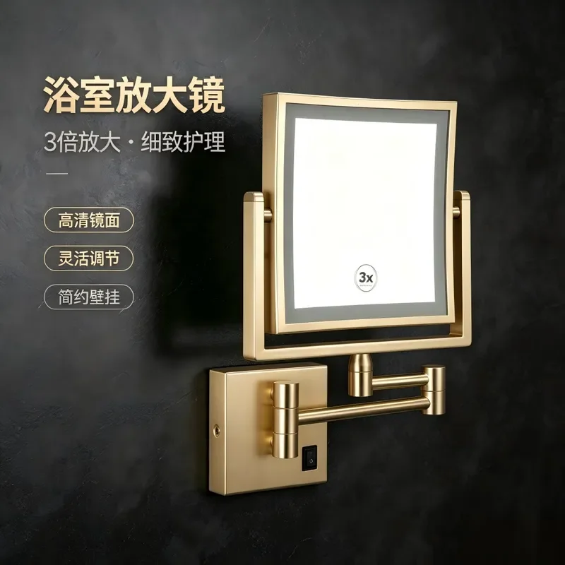 LED Wall Mounted Makeup Mirror with 3X Magnification Folding Telescopic Arm Square Vanity Mirror for Bathroom High Definition