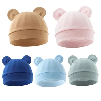 Effen Kleur Dunne Baby Kinderkamer Beanie Cartoon Beer Oor Katoen Pasgeboren Foetale Motorkap Voor 0-3 Maanden Baby Hoed Baby Accessoires