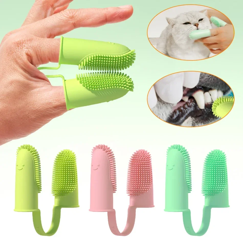 

Силиконовая зубная щетка с двумя пальцами для чистки полости рта для собак, кошек, ухода за зубами домашних животных, мягкая щетина, удаление зубного камня, безопасный, нетоксичный