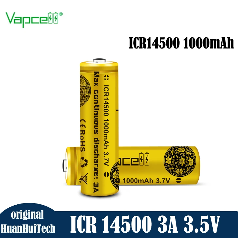 Original Vapcell ICR14500 1000mAh Battery 3.7V 3A Capacity Rechargeable 14500 Lithium Ion Batteries For Flashlight PK 14500p