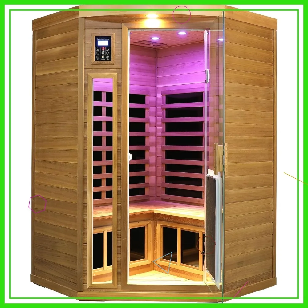 2-3 Person Corner Infrared Sauna, 1760w Low Emf, Red Cedar Wood with Heating