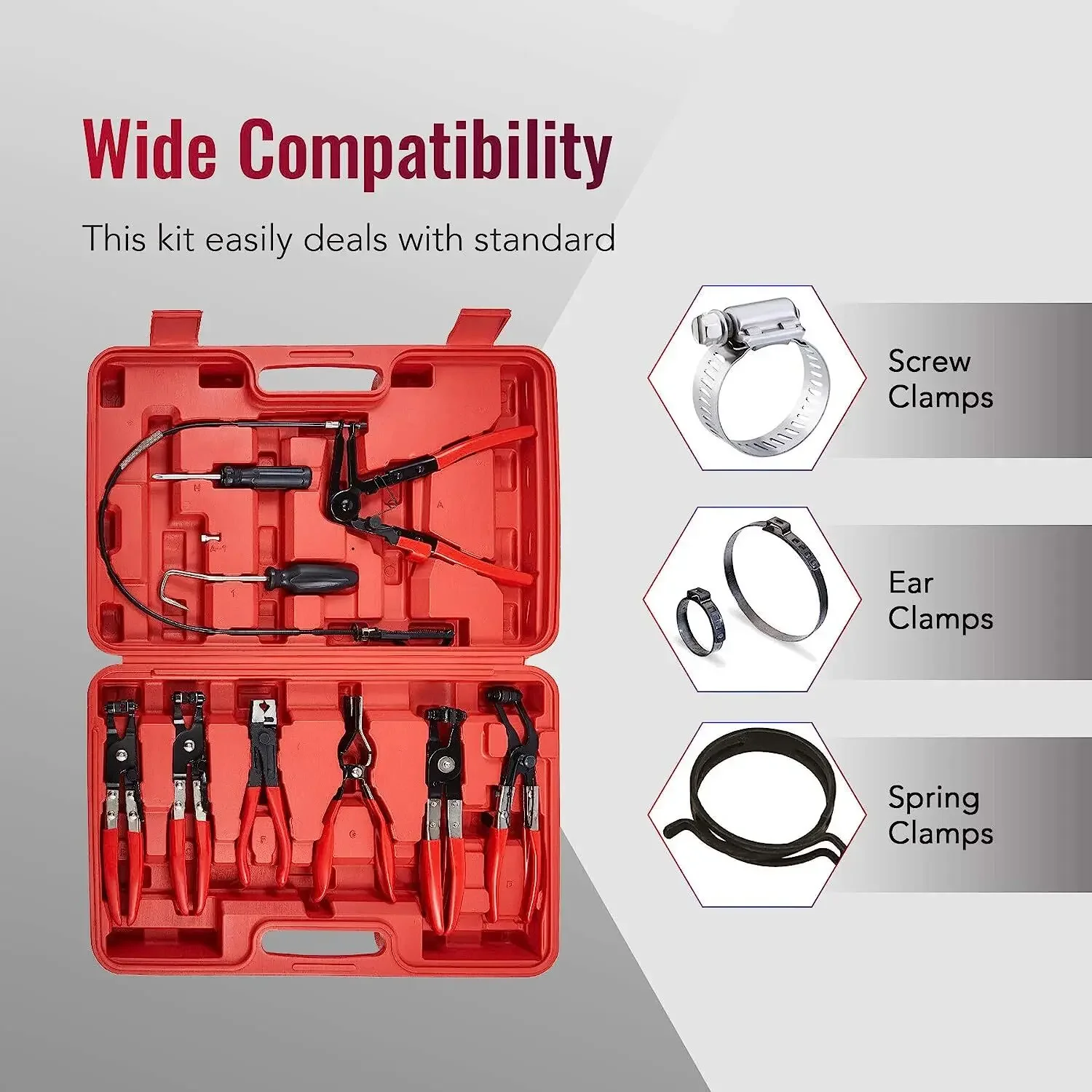 赤色のフレキシブル自動車用ホースクランプクリッププライヤーツールセット、スイベルジョー、フラットアングルバンド
