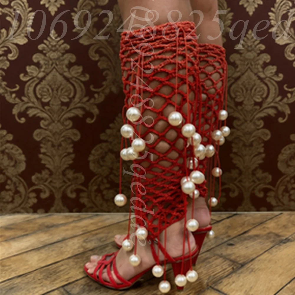 

Red Crochet Mesh Calf-Length Sandal Boots Pearl Decor Hollow out Summer Bohemian Spike High Heel Shoe for Women Causal Outfit