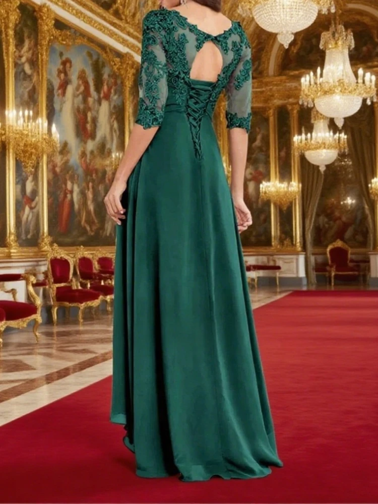 Vestido glamuroso con cuello redondo para novio, vestido para madre de la novia, Apliques de encaje plisado, corte en A, media manga, batas de boda personalizadas