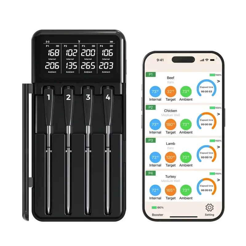for 820FT Digital Truly Wireless Meat Thermometer with 4 Probes IP67 Waterproof Dishwasher Safe Smart BBQ Grill Bluetooth