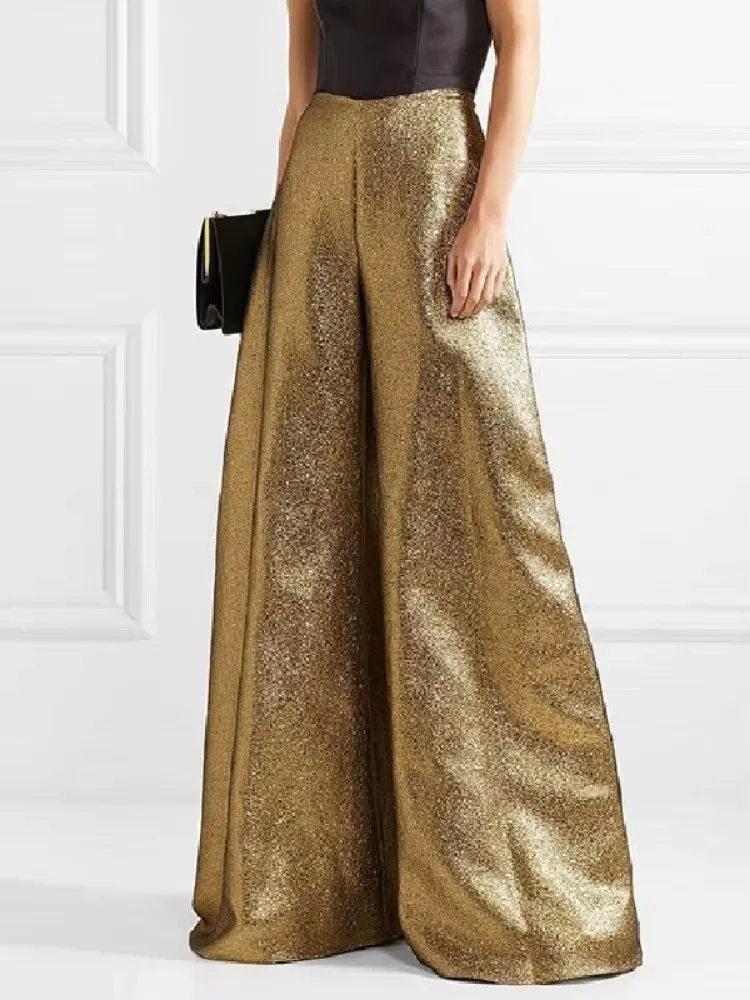 Yeezzi Women Luxury Gold Color Wide Leg Pants 2025 New High Waisted Full-length Loose Zipper Party Evening Trousers Bottoms