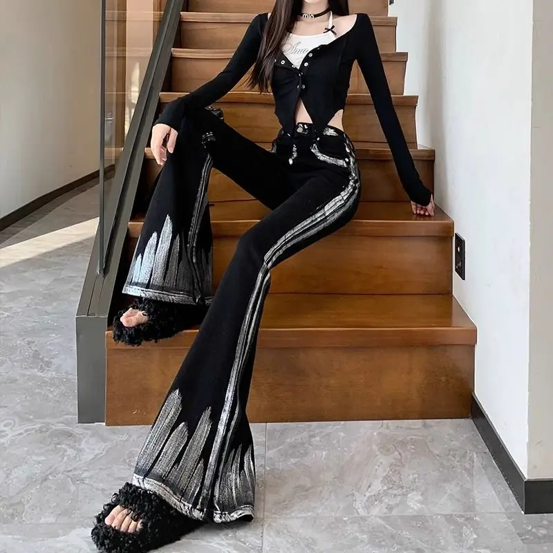 

Women's Vintage Flared Denim Pants Personalized Trousers Cool Girl Casual Bottoms Female Black Bell-bottom Jeans TT977