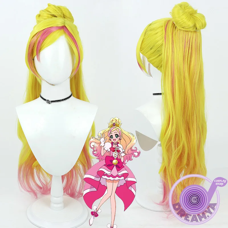 Haruno Haruka Cosplay Wig Pretty Cure Yellow Pink Ponytail 85cm Heat Resistant Synthetic Hair Halloween Party Carnival + Wig Cap