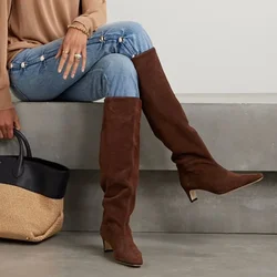New Autumn Winter Square Toe Low Heeled Suede Long Boots European and American Fashion Black Brown Minimalist Knee High Boots