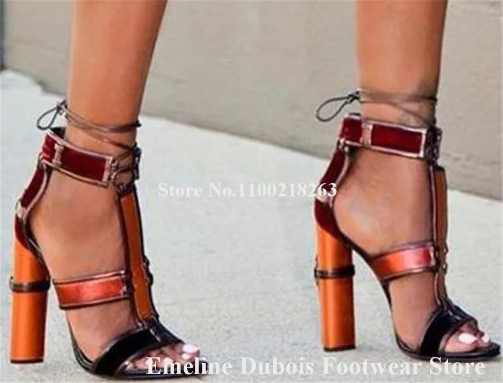 

Fashion Mixed-colors Stripes Thick Heel Sandals Emeline Dubois Open Toe T-straps Patchwork Chunky Heel Sandals Dress Heels