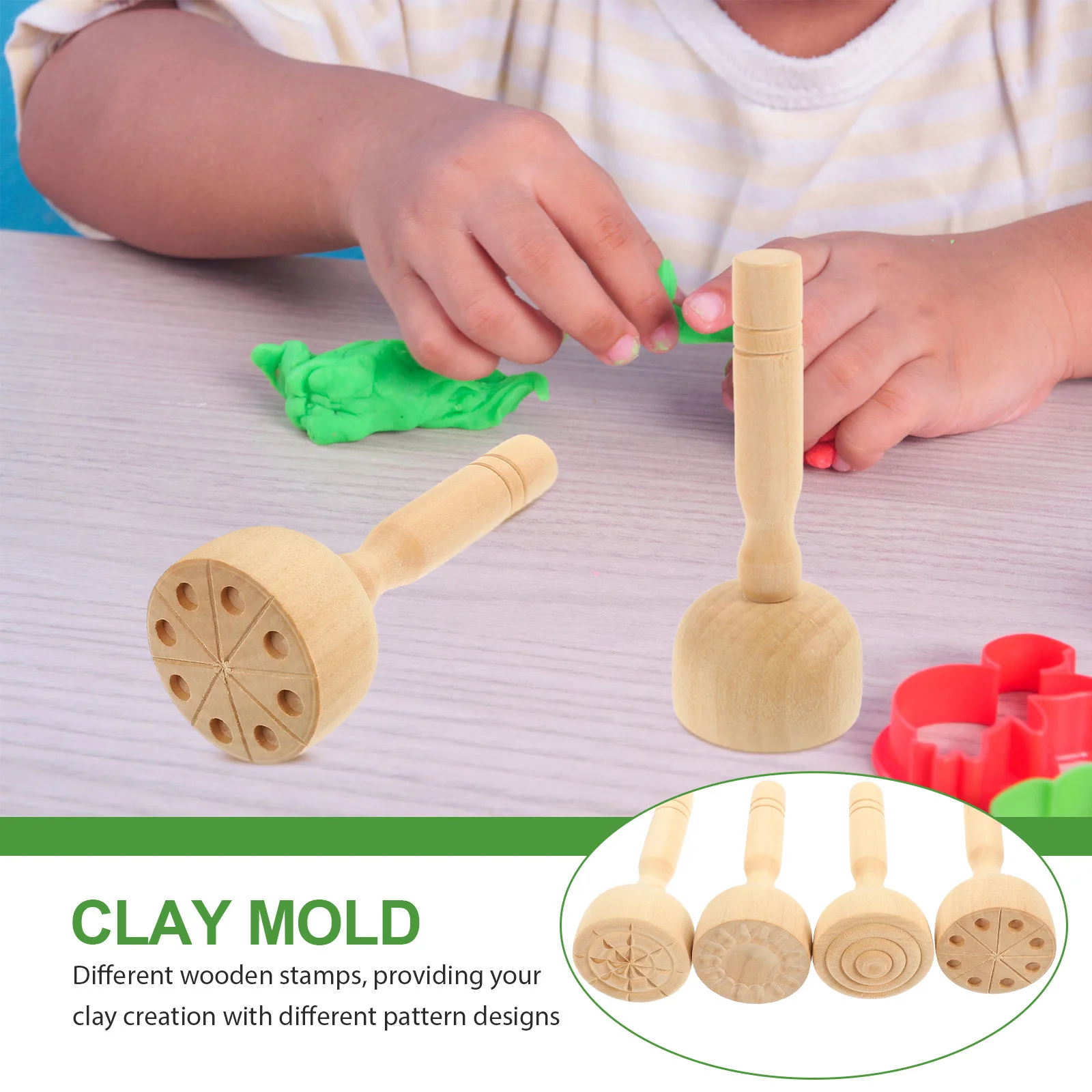 

4Pcs Kids Clay Molds Wooden Stamps for DIY Clay Embellishments and Artistic Designs Kids Wooden Molds DIY Crafts Tools