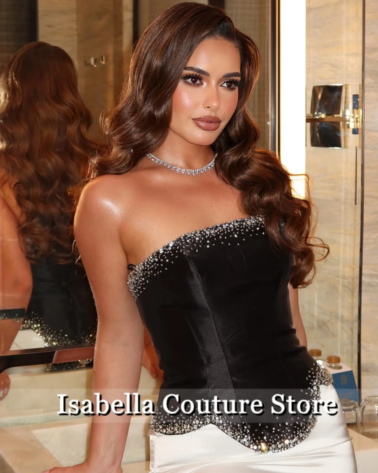 Kontrastowe Czarno-Białe Sukienki Wieczorowe Damskie z Koralikami Luksusowe 2025 Dubaj 2 Części Tren Suknia Celebrytki Suknia Balowa Szyta na Miarę