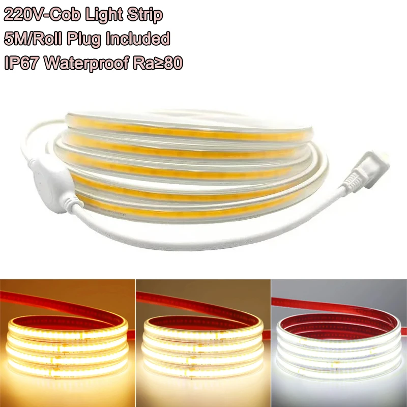 

5M/Roll Self-Adhesive IP67 Waterproof 288leds/m 320leds/m 8mm 10mm 220V Flexible Cuttable Cob Led Strip Light