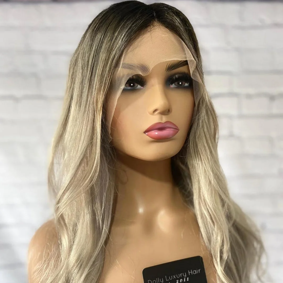

24" Ash Blonde Natural Wave Synthetic HD Lace Front Wig With Dark Roots Realistic Hairline Wig Long Body Wave Wig Costume Woman