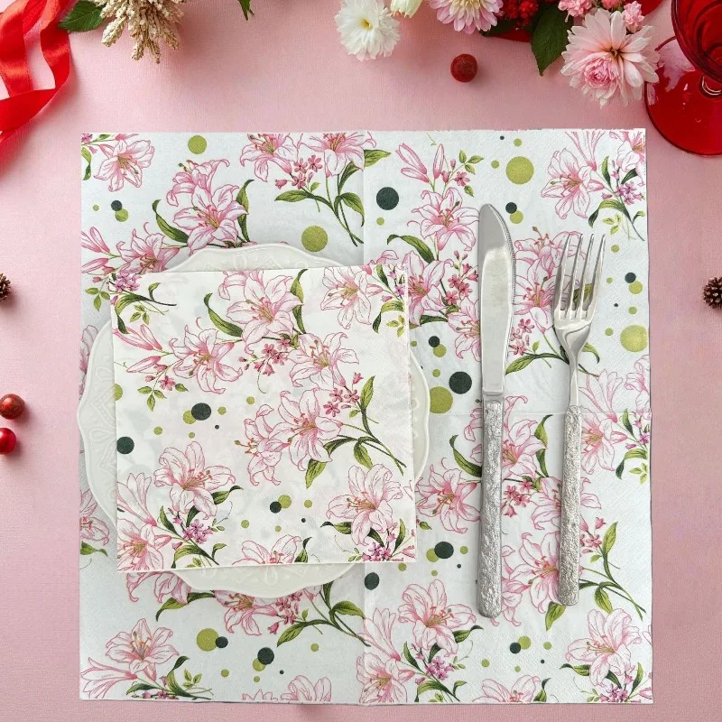 20pcs 33*33cm 2Ply Lily Flower Napkins Anniversary Mother's Day Atmosphere Decoration Paper Meal Mat DIY Decoupage Paper