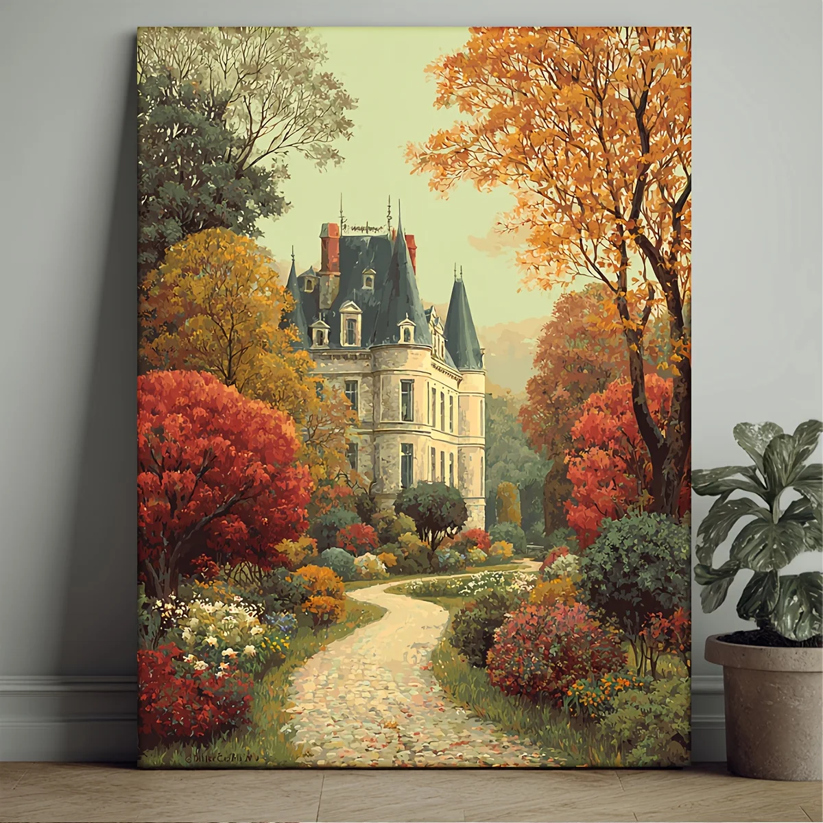 (No frame)1pc Framed French Chateau Art Poster - Vintage Medieval Castle Landscape Oil Painting with Winding Path, 12x16 Inch