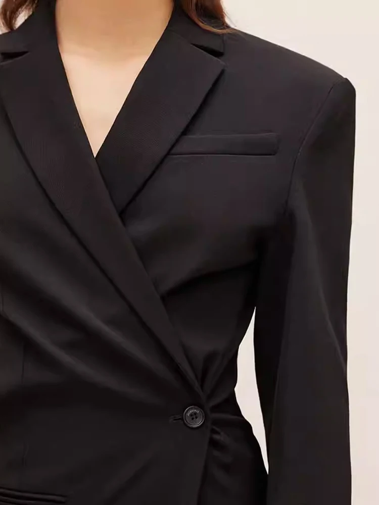 DEAT Fashion Women\'s Blazer Notched Collar Double Breasted Diagonal Placket Shoulder Pad Suit Jackets Spring 2024 New 7AB1680