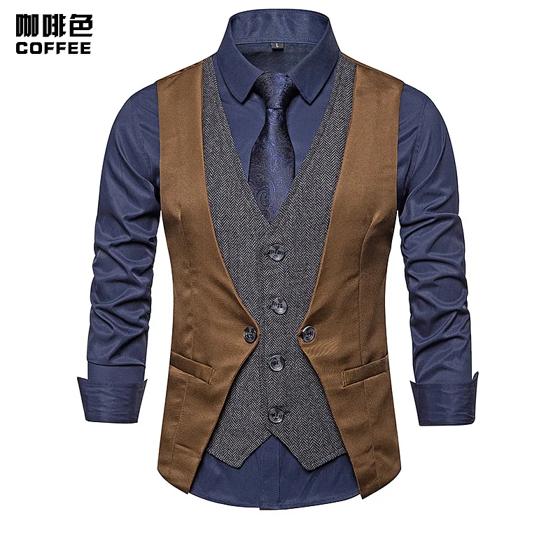 Spring New Men\'s Personalized Patchwork Fake Two-piece Single Breasted Casual Slim Fit Solid Color Vest Top