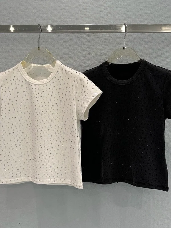 Fashionable Short Sleeve round Neck Diamond T-Shirt Women's Versatile Heavy Duty Heat Set Diamond Design Casual Style Top