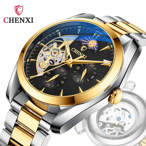 Imagen 1 del producto CHENXI, reloj de lujo para hombre, relojes de pulsera mecánicos automáticos impermeables de alta calidad, relojes con esfera de fase lunar para ocio y negocios
