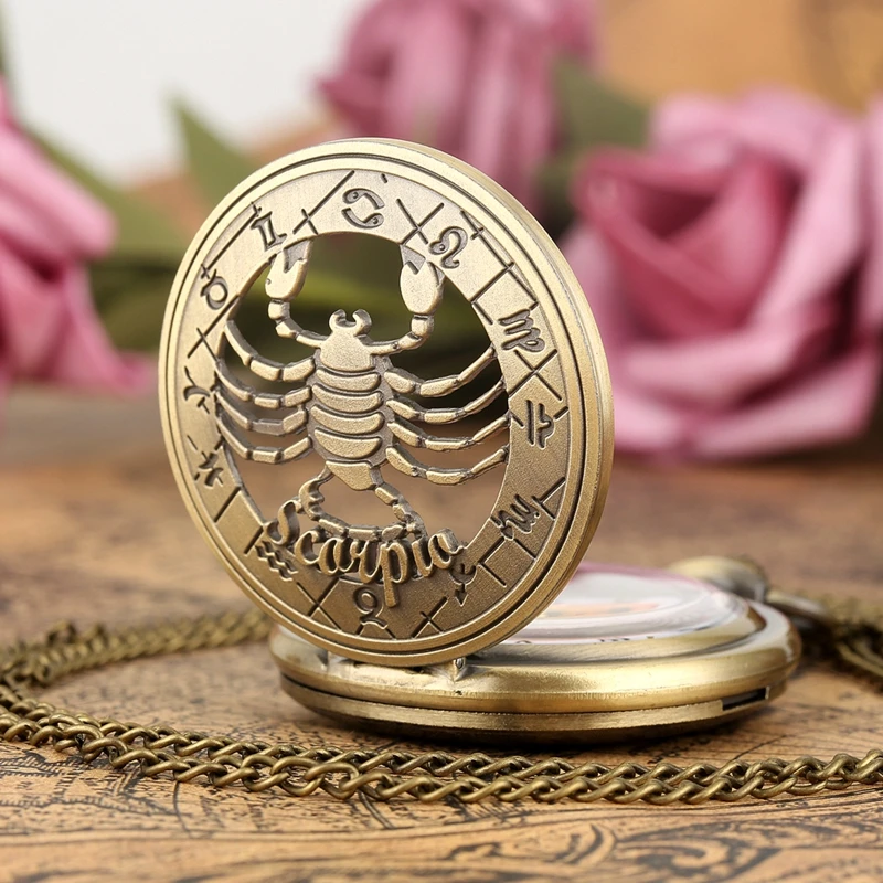 Antique Hollow Twelve Constellations Theme Quartz Analog Pocket Watch Roman Numeral Display Pendant Chain Watch Birthday Gift