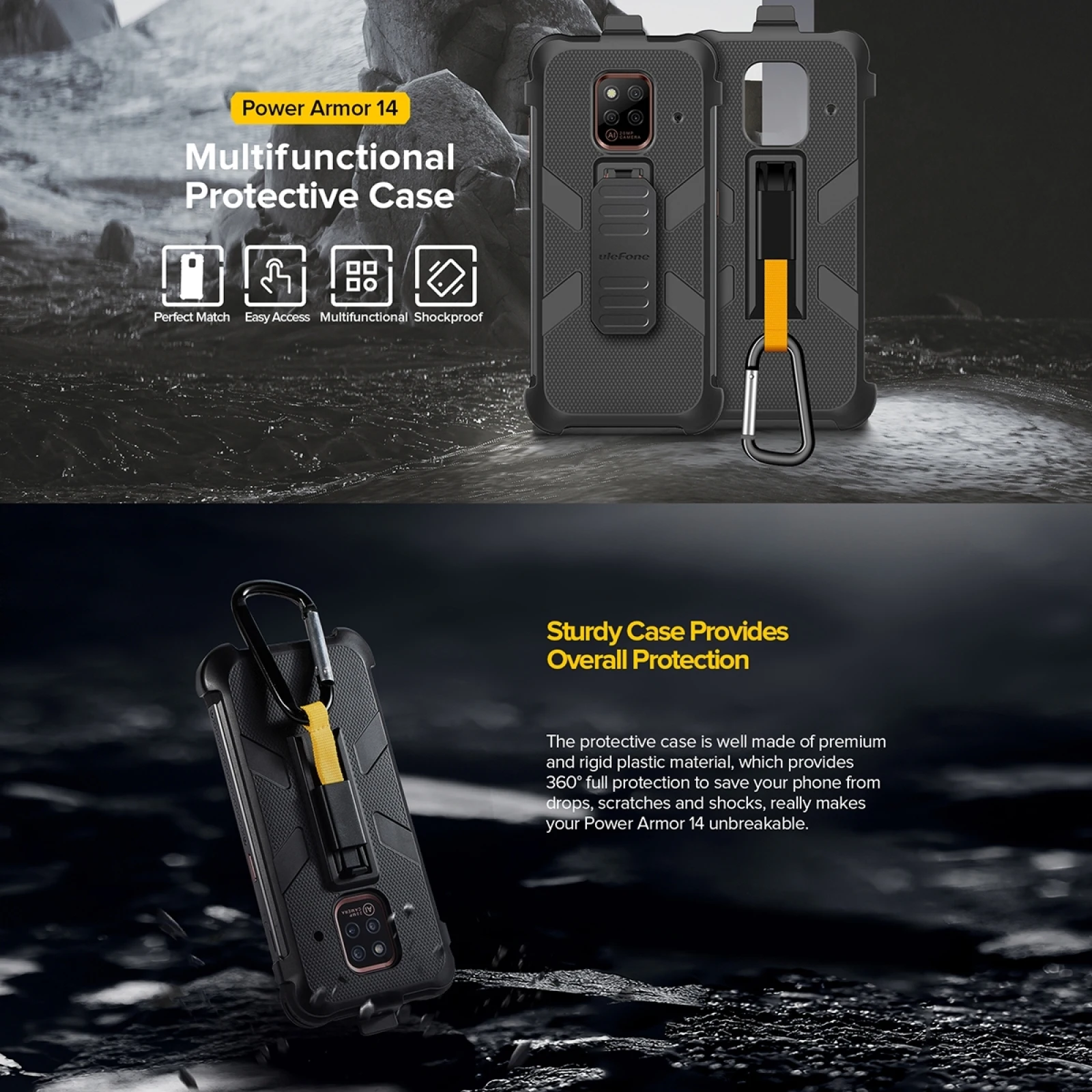 Ulefone Power Armor 14 Pro Back Cover Ulefone Back Clip Phone Case with Carabiner TPU + PC Case Protective Case