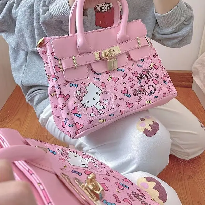 Miniso Hellokitty Elegant PU Square Handbags Kawaii Cartoon Kitty Y2k Shoulder Bag Pink Lolita Girl Crossbody Bags Birthday Gift