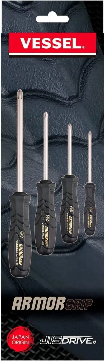 

4-Piece Cross Point Screwdriver Set with ARMOR GRIP, JISDRIVE Compatible for Secure Fastening