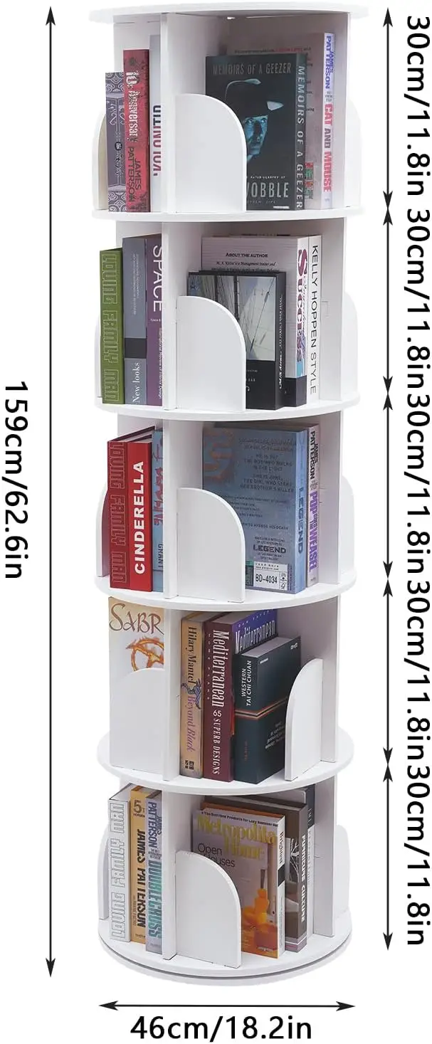 

Swivel Spinning Bookshelf Tower, Floor Standing Rotating Book Rack with Round 5 Tiers Rotation 360° Corner Bookshelf