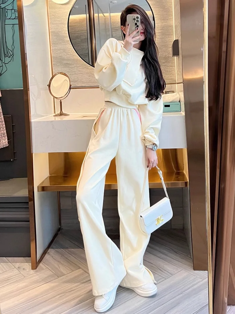 Korean Fashion Hoodie Wide Leg Pants Two-piece Set Women Sweet Cool Contrast Color Sweet Chic Spring Female Casual Sports Suit