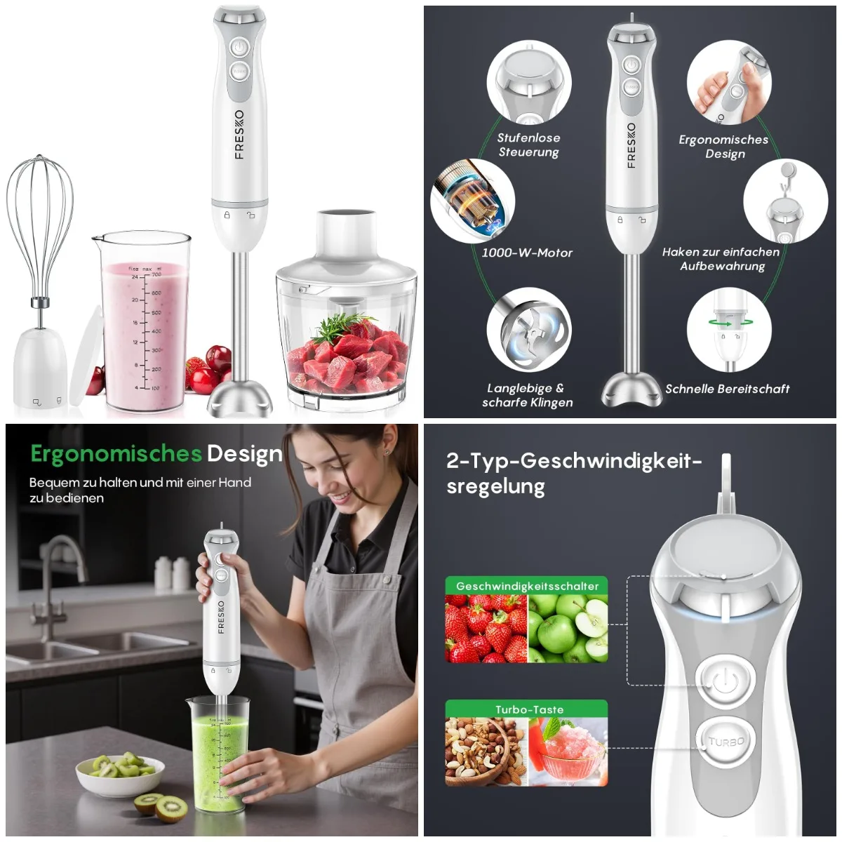 4-in-1-Stabmixer 1000 W Edelstahl, stufenlose Speed, Turbo, inkl. 500 ml Hacker und 700 ml Messbecher, für Babynahrung, Sup