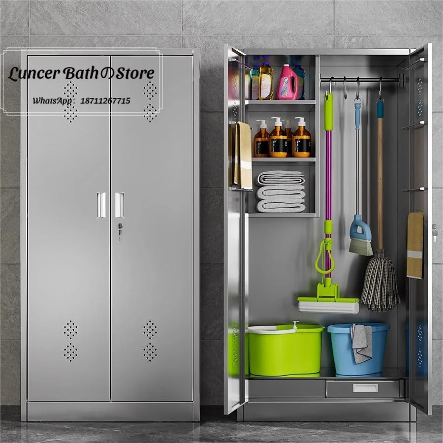 Housekeeping mop and broom storage cabinet, modern simple version, stainless steel double-door sanitary cabinet