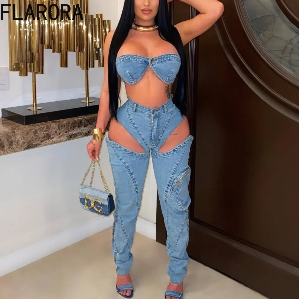 FLARORA Fashion Denim Zipper Hollow Women\'s Two Pieces Set Woman Strapless Bra Crop Top And Jeans Pants Outfits Y2k Streetwear