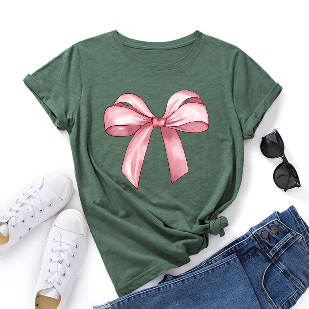여성용 루즈핏 코튼 티셔츠 라운드 넥 프린트 스트리트 스타일 얇은 여름 패션 핑크 매듭 장식