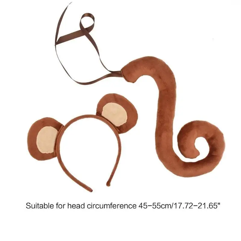 652F Monkey Ears Headband and Tail Animal Monkey Cosplay Costume for Kid Adult Halloween Birthday Party Stage Performance