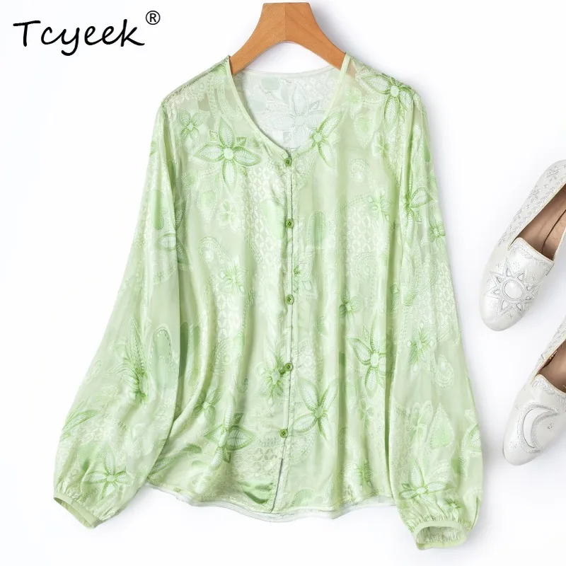 

Tcyeek 100% Real Silk Shirts for Women 2026 Spring Fresh Green Semi-transparent Breathable Blouses Ladies Clothing Chemise Femme