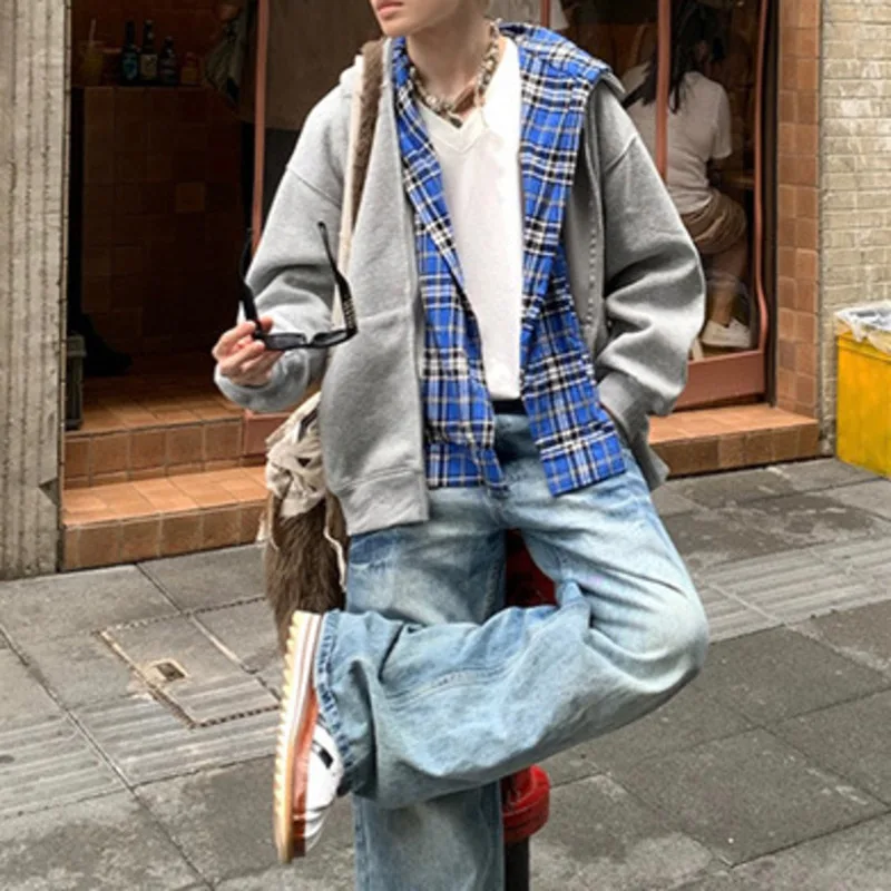 Y2K Harajuku Checkered Patchwork Sweatshirt Hoodie Jacket Men Punk Cardigan Usa Fake 2 Pcs Loose Autumn Unisex Casual Jacket New