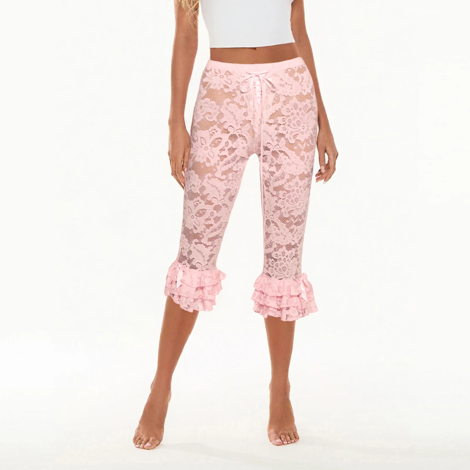 Women Floral Lace Capri Pants Coquette See-Through High Waist Ruffles Hem Trousers Summer Casual Pants Stretch Crop Leggings