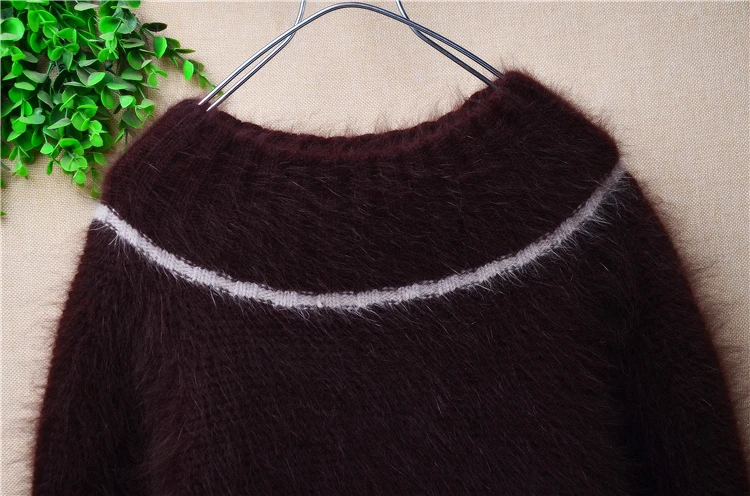 Ladies Women Fall Winter Fashion Brown Hairy Angora Rabbit Hair Knitted O-Neck Long Sleeves Slim Blouses Pullover Sweater Jumper