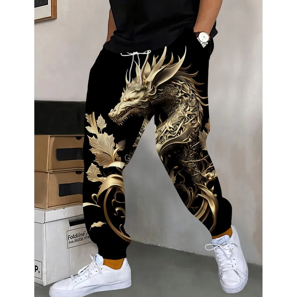 

3D Dragon Prints Pants Street Pants Men's Side Pockets Elastic Drawstring Sweatpants Joggers Pants For Men Casual Trousers Fall