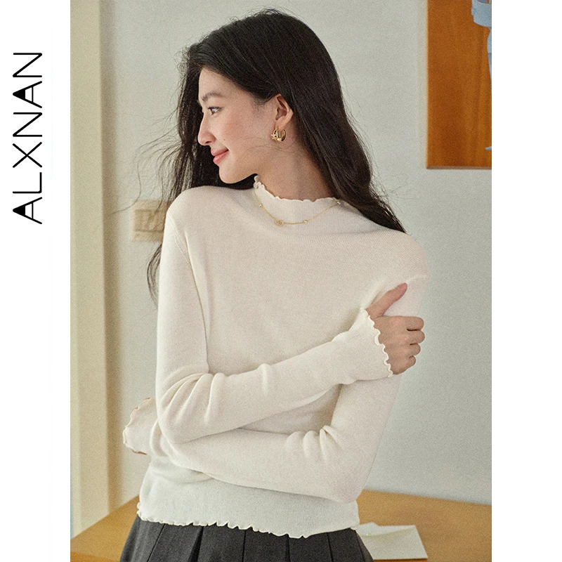ALXNAN-suéter de lana rosa para mujer, prenda de punto de manga larga con cuello redondo y orejas de madera, jerséis de manga larga para otoño 2025, L578115-1