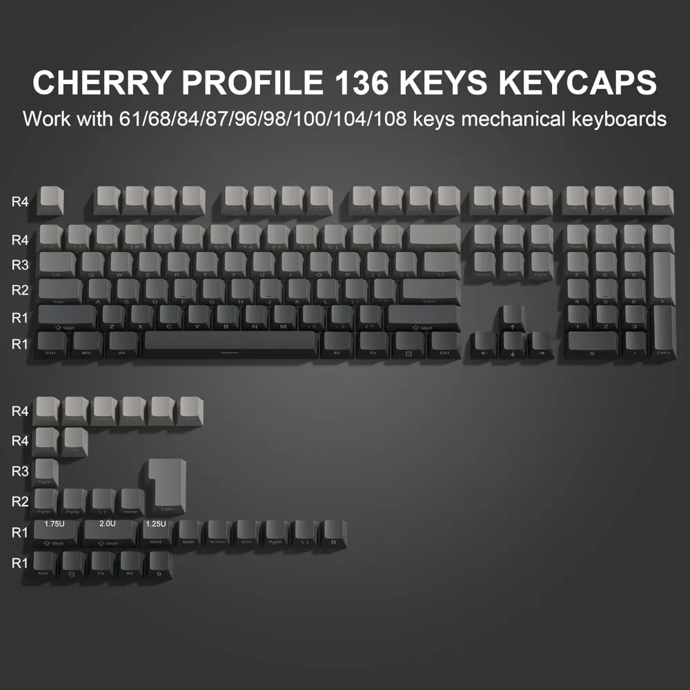 

Grey black keycap set 136 key gradient double shot PBT keycaps 75% 100% Shine Through custom keycap cherry profile Side printed