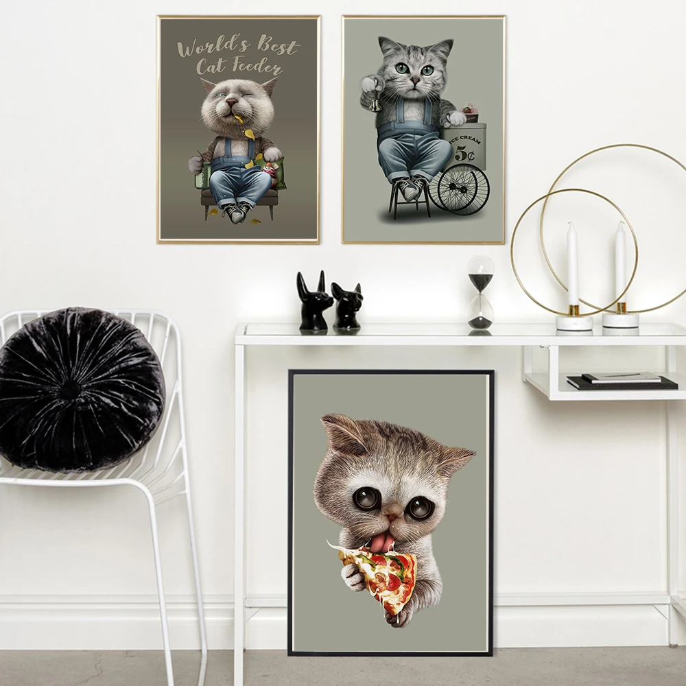 Sloth Cat Dog Pig Panda Noodle Pizza Lollipop Posters Funny Animals Foods Drink Wall Art Canvas Painting Home Cafe Kitchen Decor