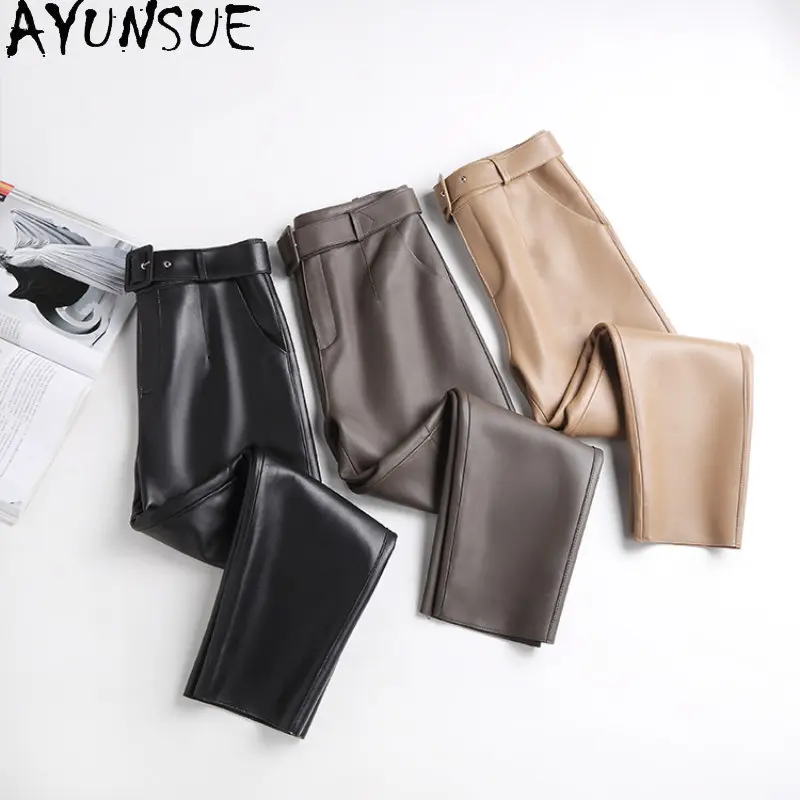 

AYUNSUE 2023 Genuine Sheepskin Pants Women Harem Pants Korean Style Slim Causal Leather Pants Trousers Streetwear Pantalon Femme