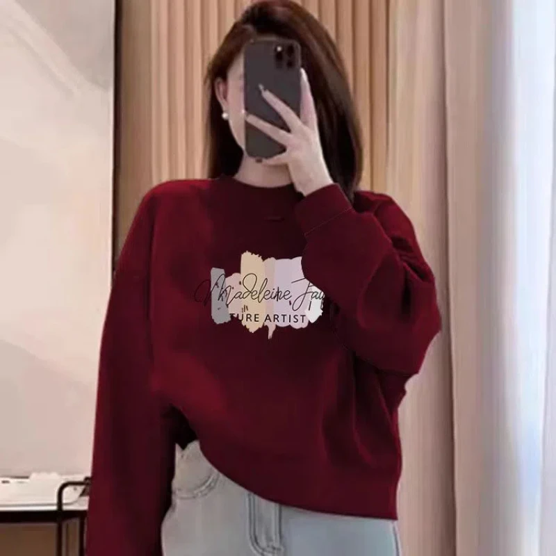 Korean Fashion Autumn Winter New Women O-Neck Letter Printing Plus Velvet Thicken Long Sleeve Loose Pullovers Sweatshirts Tops