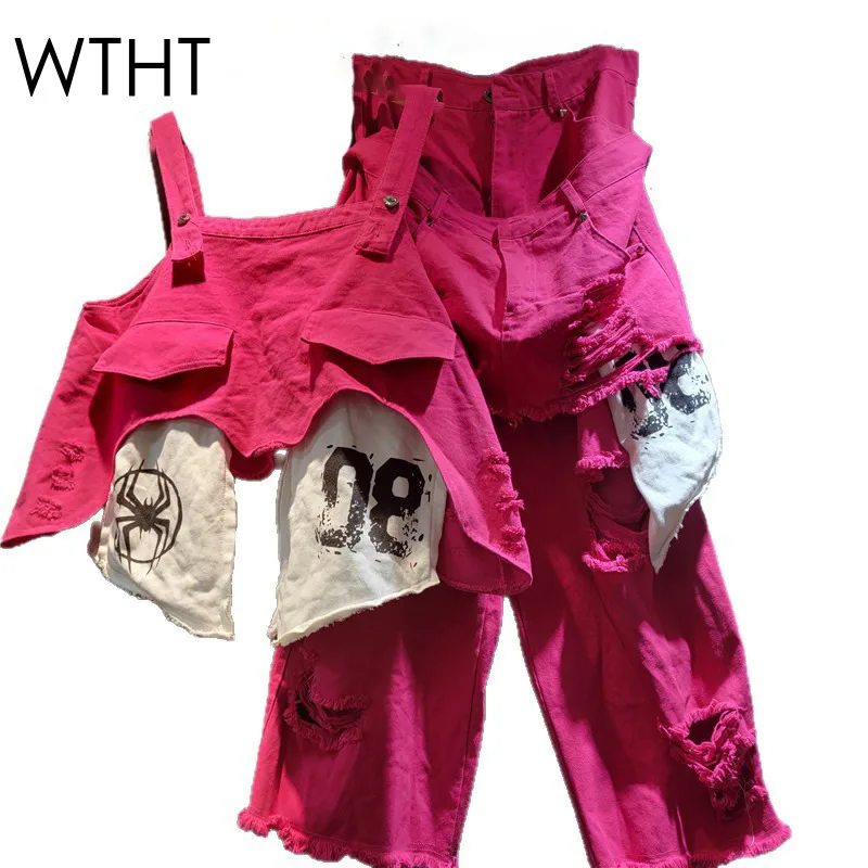 

WTHT Новый модный женский контрастный красочный лоскутный принт джинсовый жилет на бретельках свободные повседневные прямые джинсы 2025 лето 1LS2246